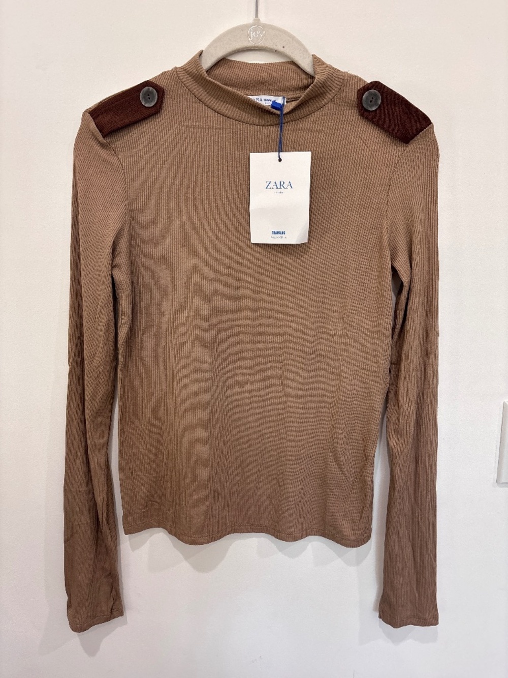 Zara Trafalgar Brown Ribbed Mock Neck Top Medium NWT Long Sleeve Epaulet Button